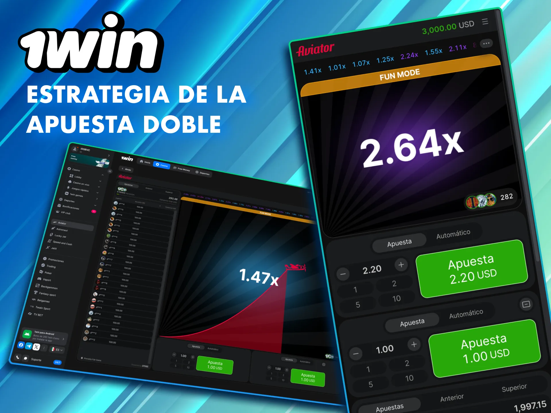 Estrategia de apuesta doble en Aviator de 1Win México con riesgo dividido y control total.