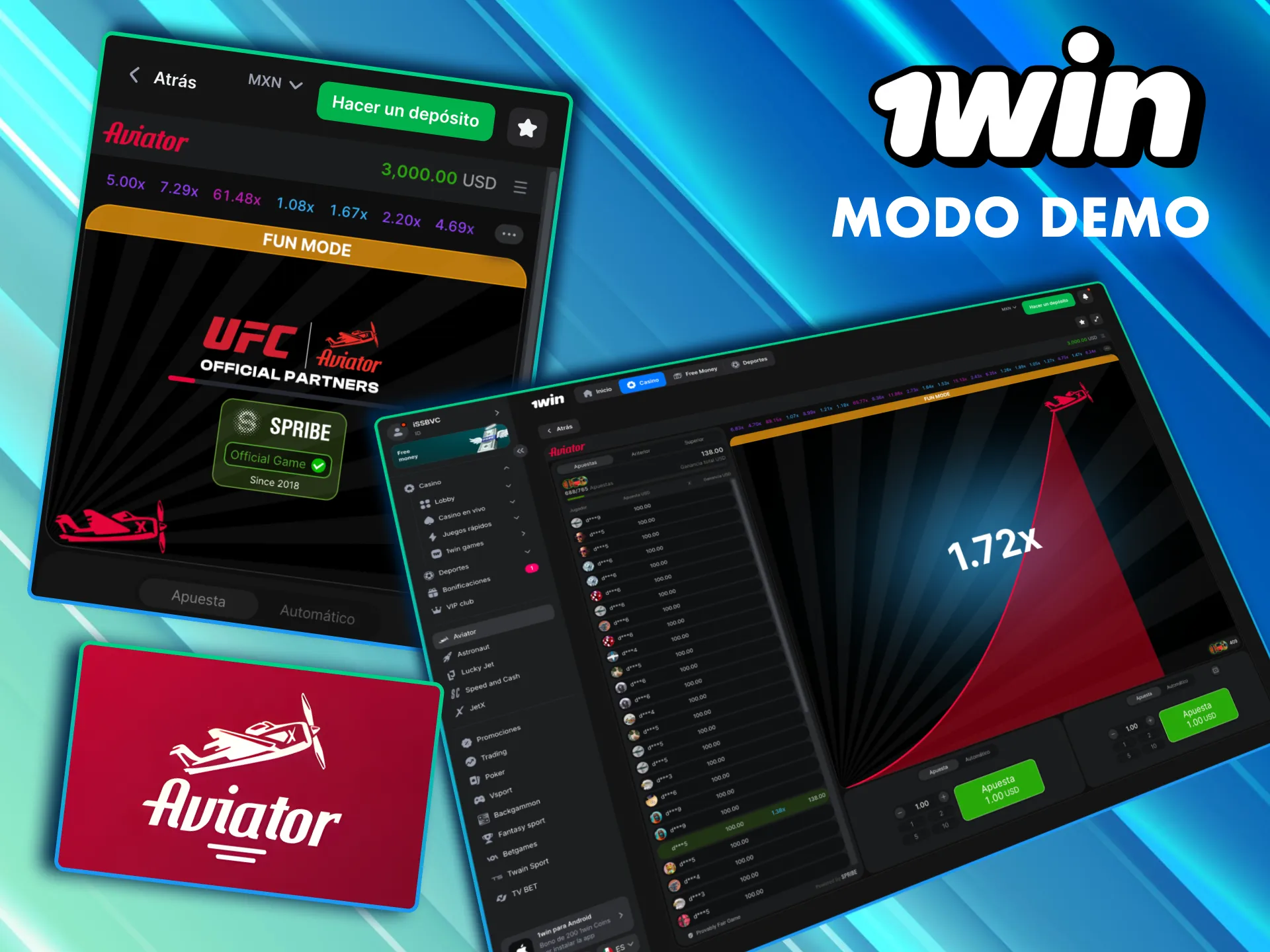 Aviator en 1Win México tiene versión demo para practicar sin riesgos ni depósitos.