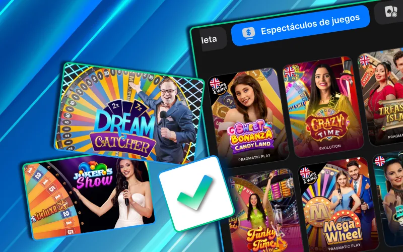 Shows en vivo en 1Win México como Mega Ball y Dream Catcher.